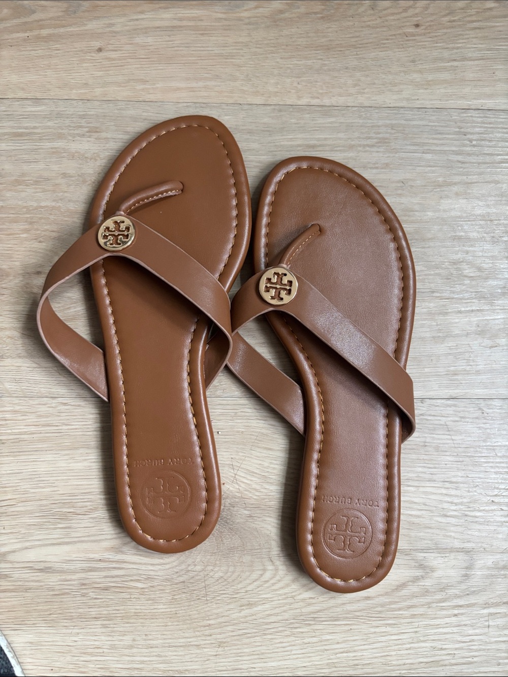 Tory Burch Tan Leather Logo Thong Sandals